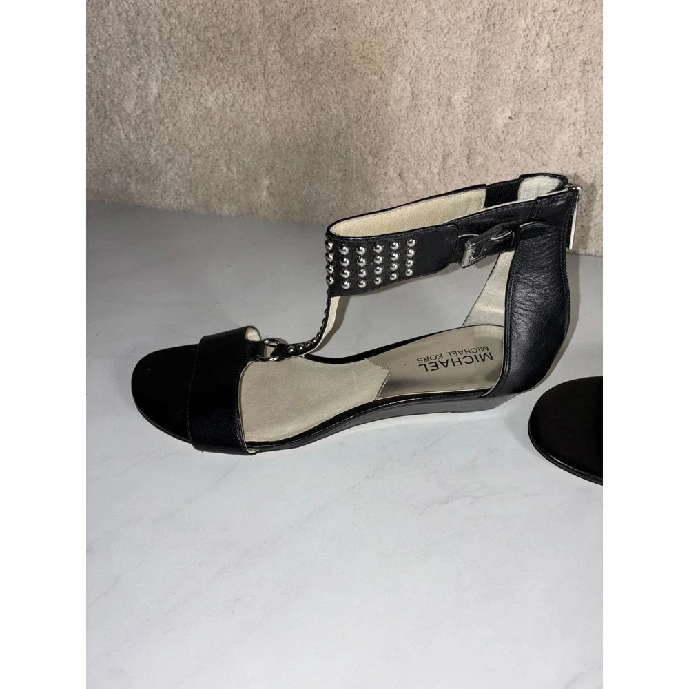 Michael Kors Black Studded T-Strap Wedge Sandals - 8.5 - Leather Edgy Glam Chic